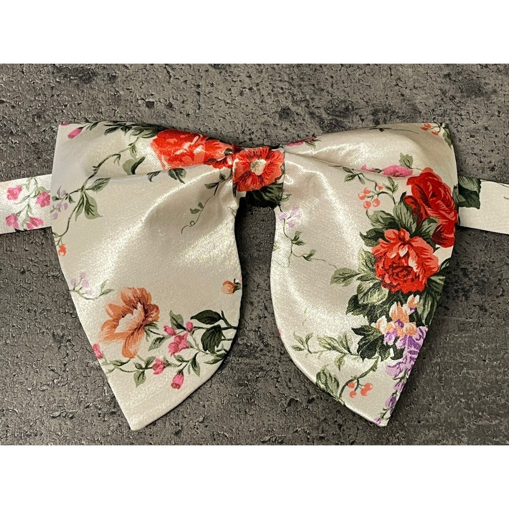 Handmade Oversized Cream/Red FloraL Satin Bow tie‎ Vintage style Wedding Prom